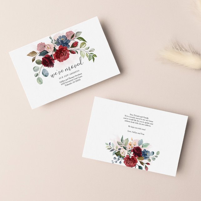 Flytta för Blommigt av vi har flyttat vattenfärg Anteckningskort (We've Moved Burgundy Floral Moving Announcement)