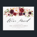 flytta för burgomfärgad blommigt  vykort<br><div class="desc">Meddela ditt nya hem till familj och vänner med den här moderna blommigten burgundisk botanisk design.</div>