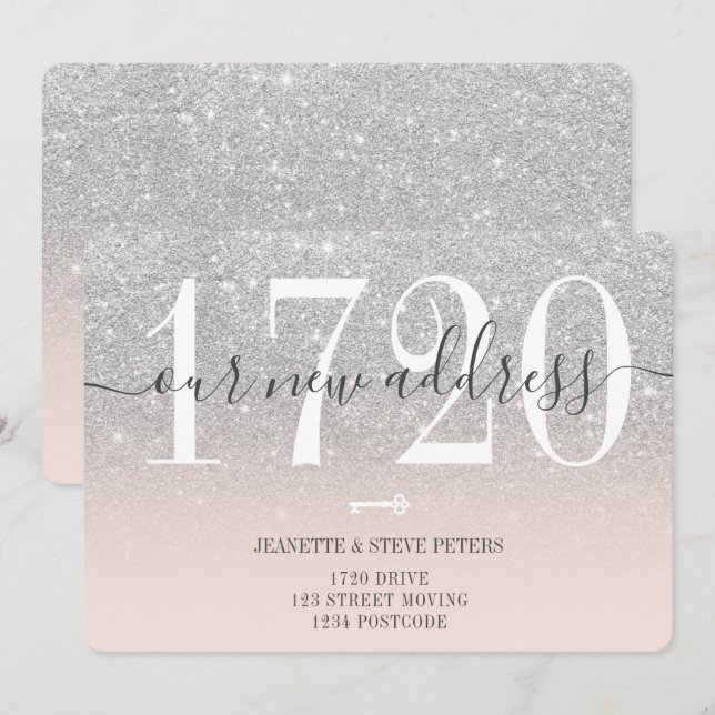 flytta för nytt adress nummer silver glitter-skrip meddelande (Fram/baksida)