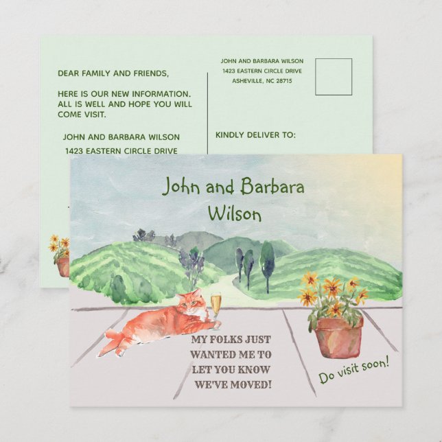 Flytta för vi har flyttat för landsvägsfamilj meddelande vykort (Fram/baksida)