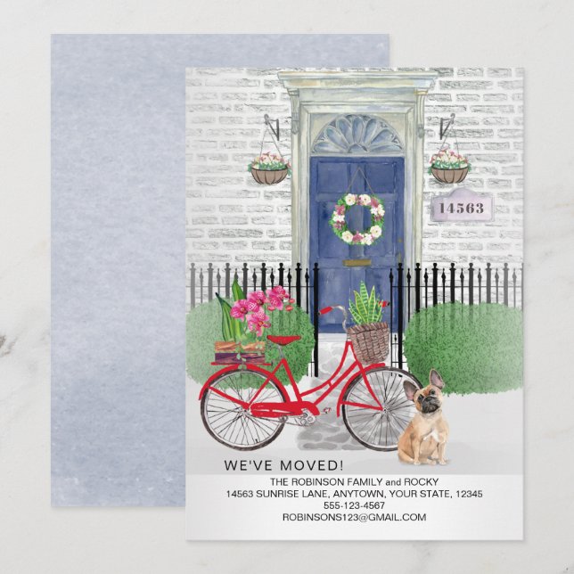 Flytta Fransk Bulldog Hund Bicycle Blue Door Meddelande (Fram/baksida)