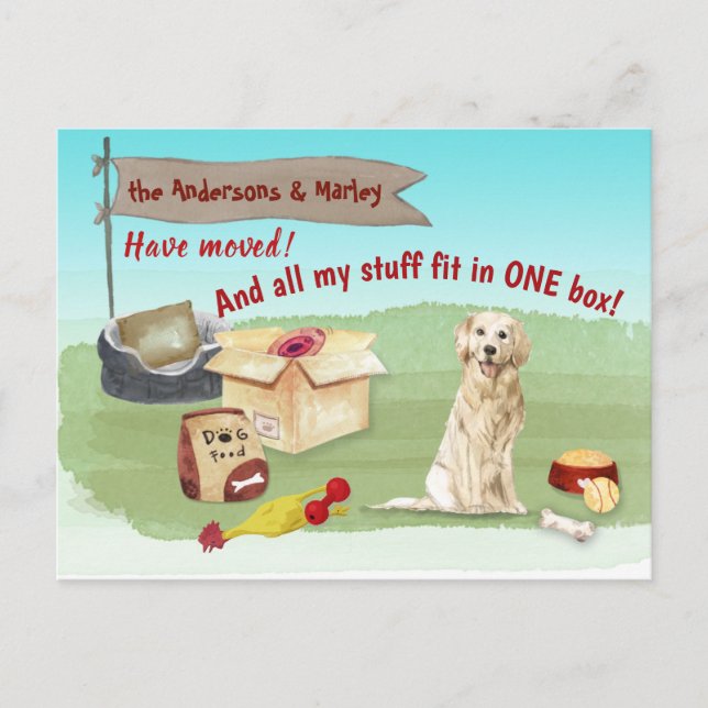 Flytta Golden Retriever Hund Leksak Vårt nya hem Vykort (Framsida)