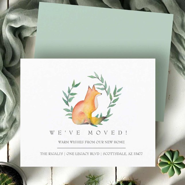 Flytta Meddelande Flyer Watercolor Fox (moving announcement watercolor fox laurel wreath greenery art by Victoria Grigaliunas)