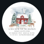 Flytta Meddelande | Nytt hem för Helgdagarna Runt Klistermärke<br><div class="desc">Vänner och familj kommer att bli glada över att få nyheten om ditt nya hemsökta hem med våra fantastiska flytta-annonsmärken. Den här fantastiska designen har en rustik hytt, charmerande renar och ett sött par som beundrar sitt nya hem. Fullt av charm dessa formgivningar framkallar festive nostalgia. Lägg till anpassningsbarnas ordalydelse...</div>