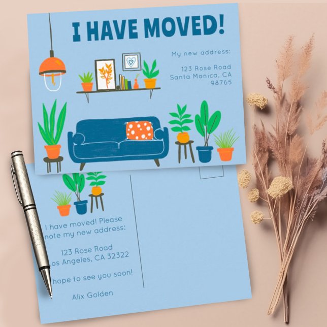 Flytta Meddelande om Adress Cute Living Room Soffa Vykort (Sweet custom moving announcement postcards with living room illustration)