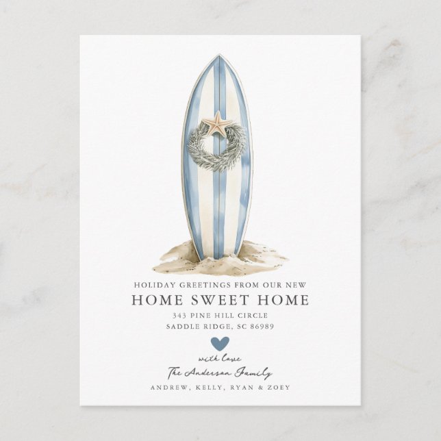 Flytta om blå surfboard-julmeddelande meddelande vykort (Framsida)