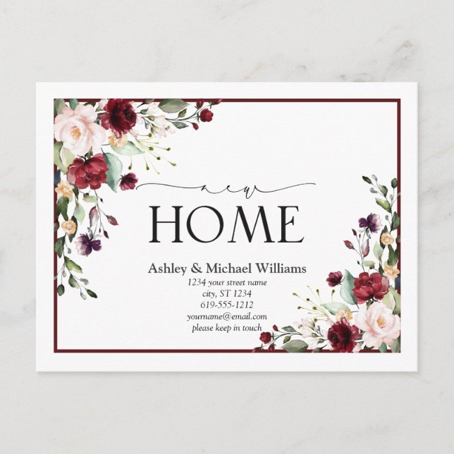 Flytta om Burgundy New Home Script-meddelande Meddelande Vykort (Framsida)