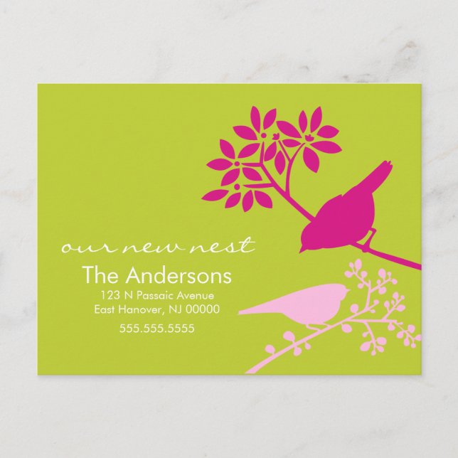 Flytta om Chartreuse- och Fuchsia-fågelannonser Meddelande Vykort (Framsida)