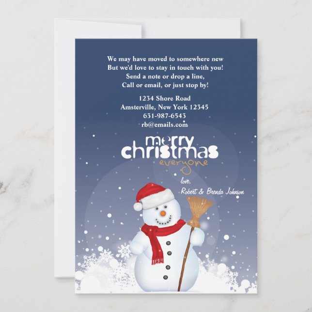 Flytta om Helgdag vid lycklig Snögubbe Julkort (Framsida)