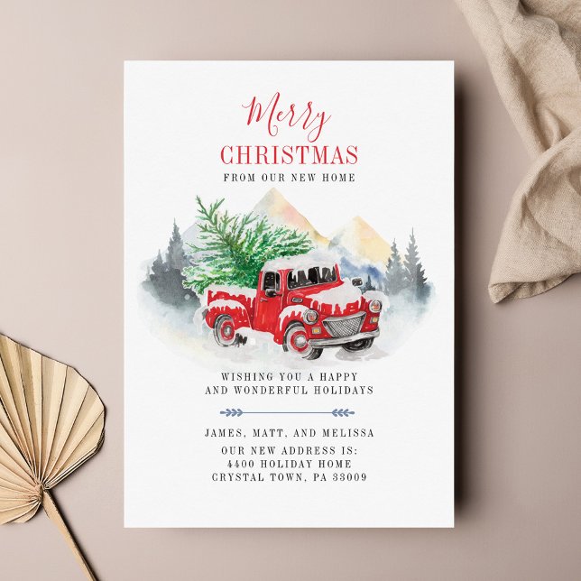 Flytta om Juldagen Helgdag Red Lastbil (Plaid Red Truck Christmas Moving Announcement)
