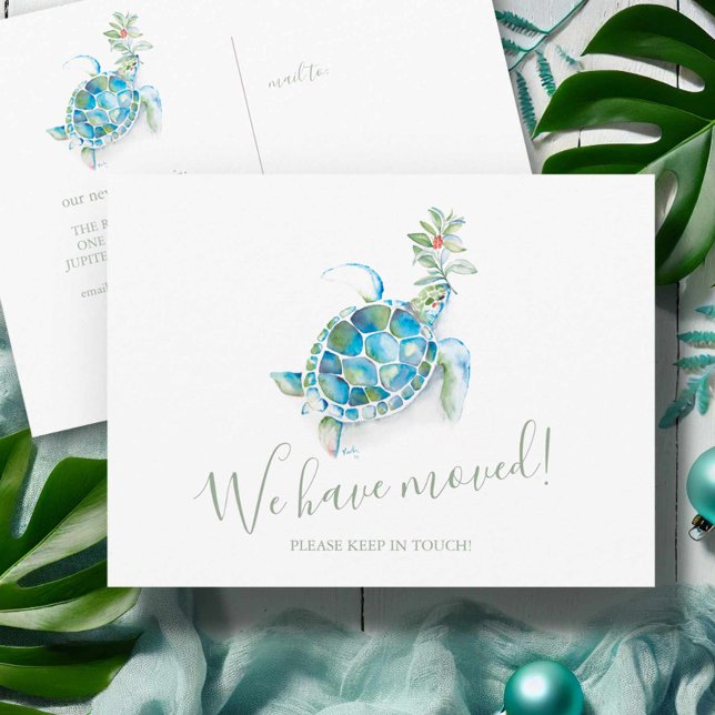Flytta om kustnära julhavssköldpadda vykort (Beach Christmas postcards watercolor sea turtle moving announcements art by Victoria Grigaliunas)