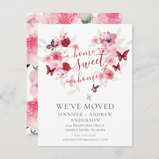 Flytta om Rosa av Blommigt för vi har flyttat Inbjudningar (Fram/baksida)