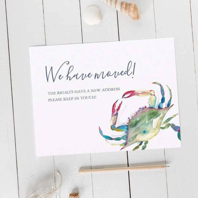 Flytta om vattenfärgsCrab Vykort (New address moving announcement postcard watercolor blue crab art by Victoria Grigaliunas)