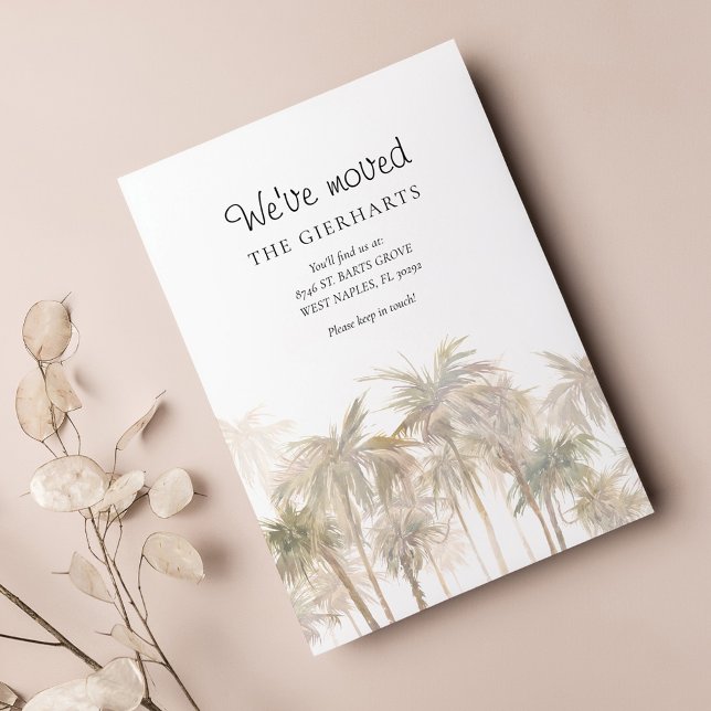 Flytta om vi har flyttat vid kustnära Handflatan T (Tropical Palm Trees Watercolor Moving Announcement)