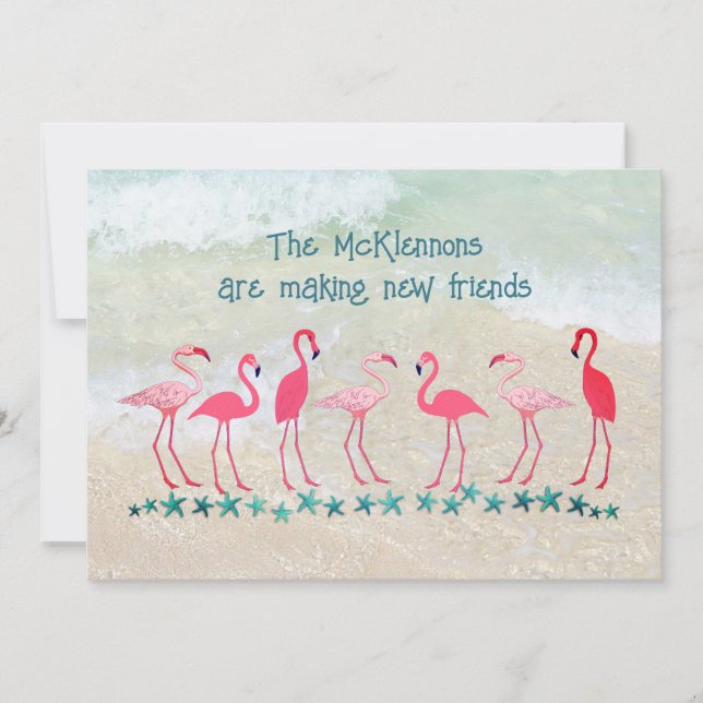 Flytta till Tropiken Flamingo Friends Ny adress Kort (Framsida)