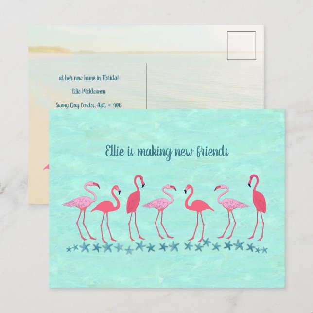Flytta till Tropiken Flamingo Friends Ny adress Vykort (Fram/baksida)