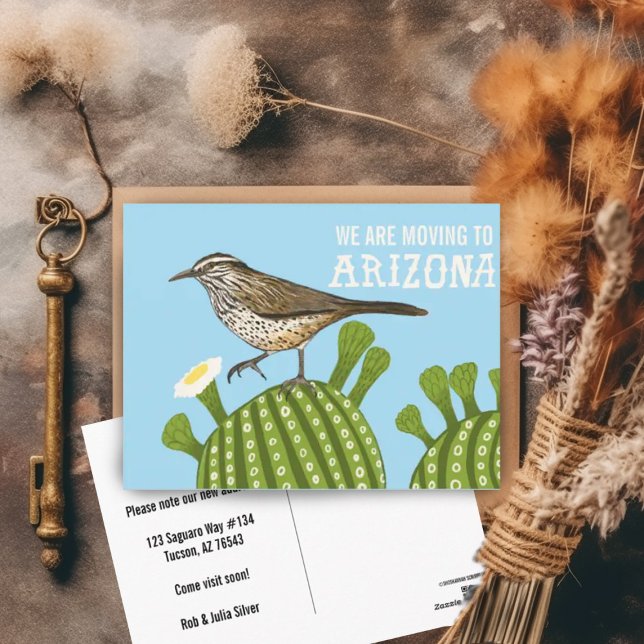 FLYTTANMÄLANDE Arizona Saguaro Kaktusgärdsmyg  Vykort (Arizona moving announcement postcard with cactus wren and saguaro cactus illustration. Customizable!)
