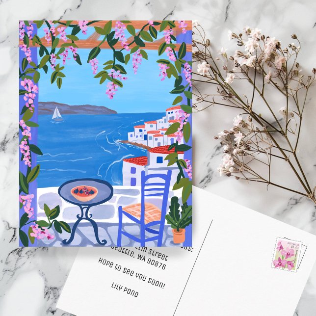 FLYTTANMÄLANDE Nytt hem Island Terrace Greek Vykort (MOVING ANNOUNCEMENT New Home Address Island Terrace Sea Views Greek Greece Postcard
)