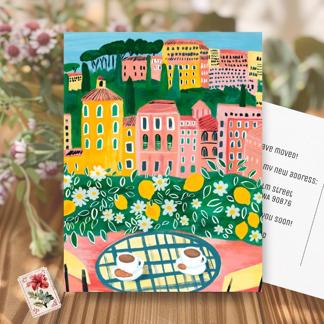 FLYTTANMÄLANING Ny lägenhetsadress Balkong Vykort (MOVING ANNOUNCEMENT New Apartment Address Balcony Art Painting Cityscape Flowers Postcard
)