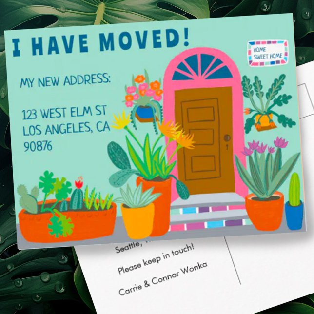 Flyttannons Adress Färgfull Framdoor  Vykort (Bright colorful front door decorates this custom address change new house postcard)