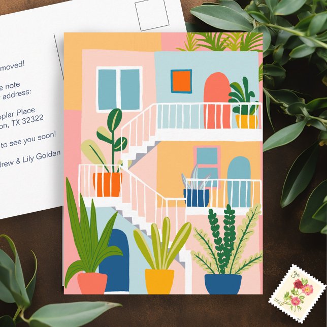 Flyttannons Adress Färgfull Lägenhet Vykort (Moving Announcement Address Change New Home Colorful Apartment Postcard)