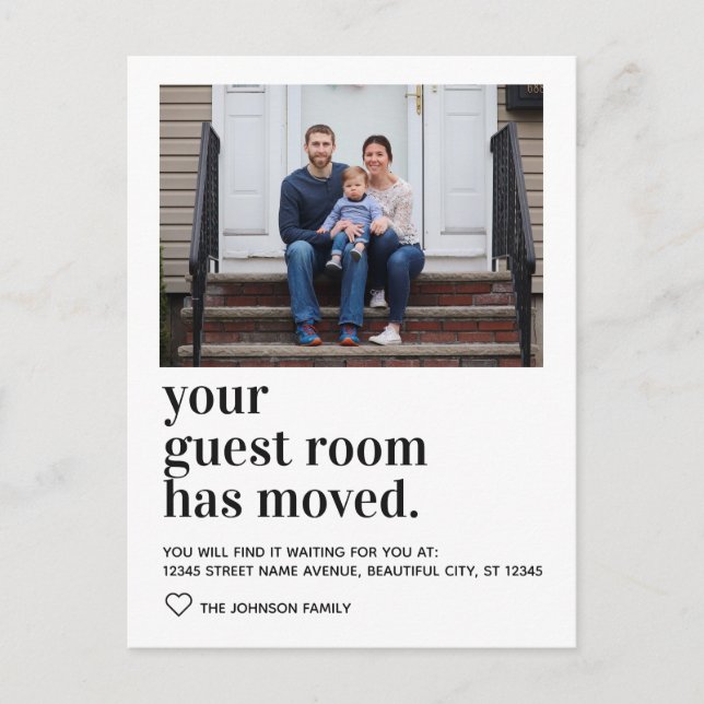 Flyttat av fotoFlytta i trendiget Typography Guest Meddelande Vykort (Framsida)