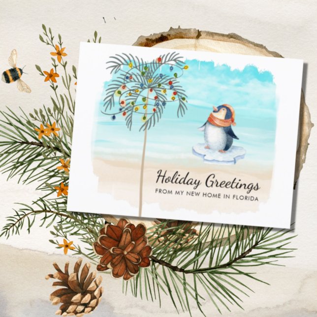 Flyttat till Florida Cute Penguin Beach Scene Helg Meddelande (Skapare uppladdad)