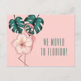 Flyttat till Florida Flamingo Monstera Löv Rosa Meddelande Vykort