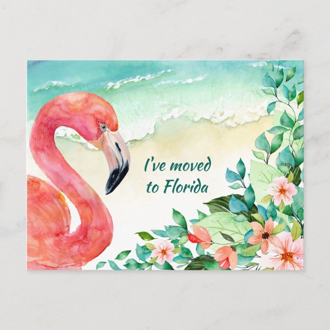 Flyttat till Florida Rosa Flamingo Beach Scene Meddelande Vykort (Framsida)