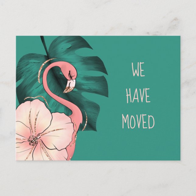 Flyttat till Florida Rosa Flamingo Monstera Löv Meddelande Vykort (Framsida)