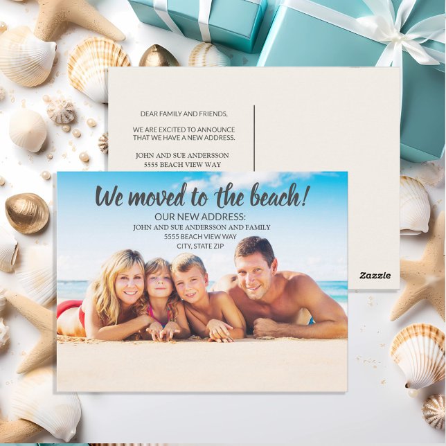 Flyttmeddelande Familjefoto Strand Vykort (Beach/coastal moving announcement/change of address postcard)