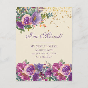 Flyttmeddelande Lila Rosa Blommor Glitter Vykort