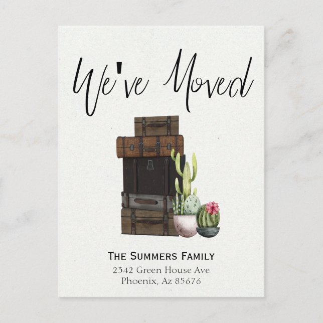 Flyttmeddelande Vi Har Flyttat Resväskor Kaktus Meddelande Vykort (Framsida)