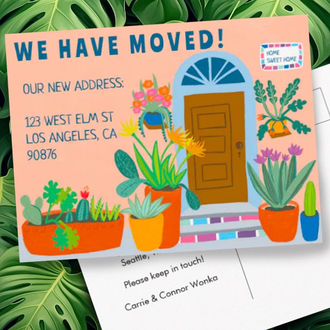 Flyttningskungörelse Adress Färggrann Framdoor  Vykort (Colorful fun front door with plants address change moving announcement postcard - customize it!)