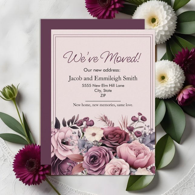 Flyttningskungörelse Par Lila Rosa Blommig  Meddelande (Purple and pink watercolor floral moving announcement)