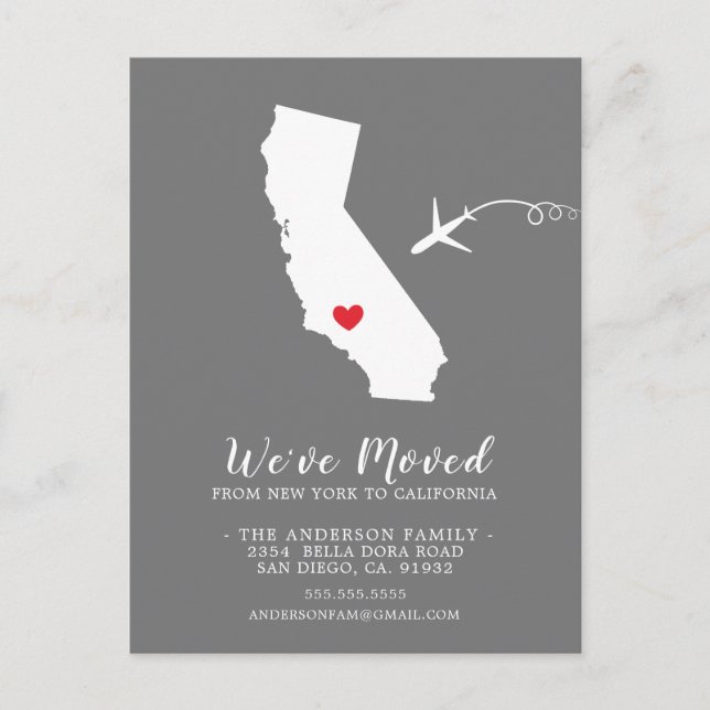 Flyttningsmeddelande | Stat Kalifornien Postkort Meddelande Vykort (Framsida)