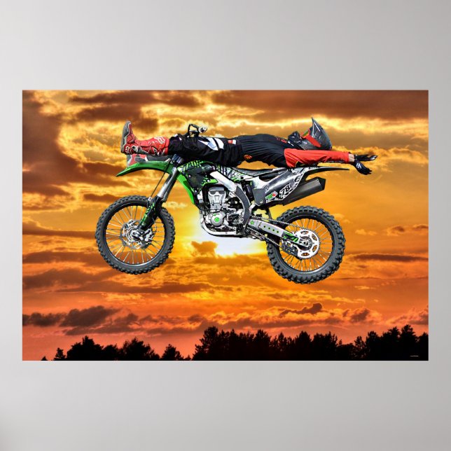 FMX Motocross Dirt-Bike Aerial Stunt and Sunset Poster (Framsidan)