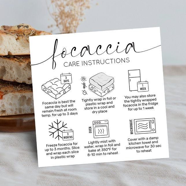 Focaccia Bread Care Guide Minimal Logotyp Bakery Fyrkantigt Visitkort (Minimalist elegant focaccia bread care instructions cards with care icons, stylish calligraphy font)
