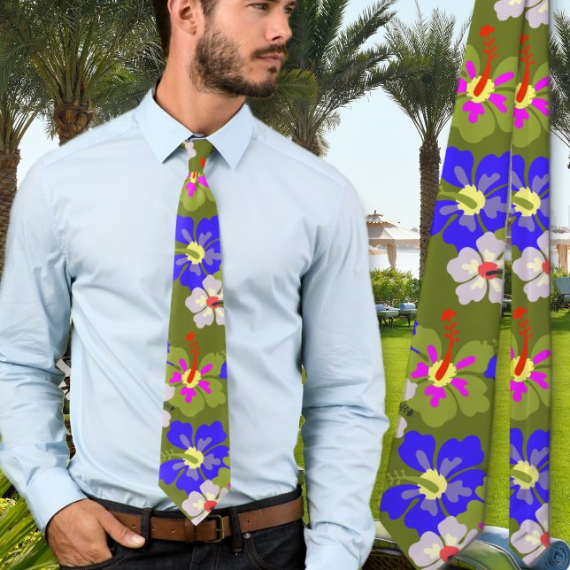 Fodboldigt hibiskus-mönster armégrön bröllopsslips slips (Skapare uppladdad)