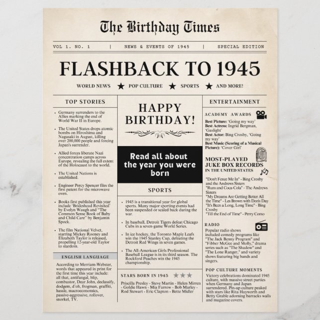 Född 1945 i Mock Newspaper sepia (Framsida)