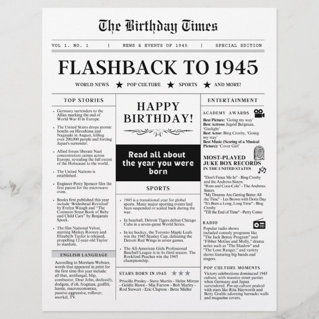 Född 1945 Mocktidning svart och vitt (Framsida)