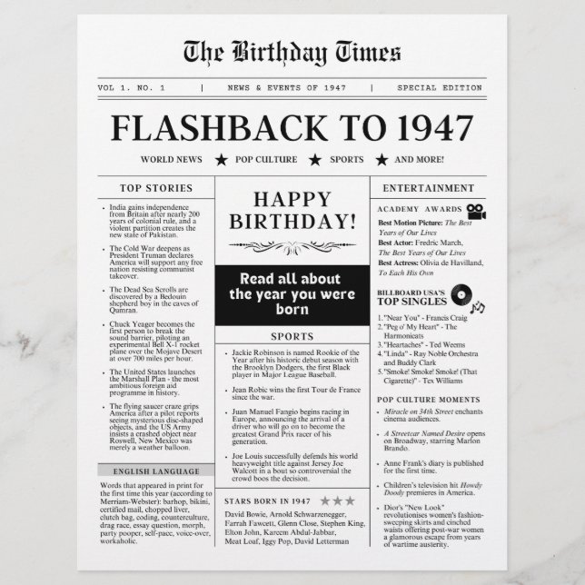 Född 1947 Mock Tidning Svart och Vitt (Framsida)