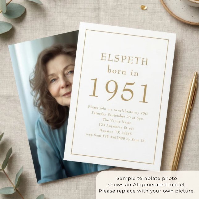 Född 1951 Guld Text Foto 75-årsfest Inbjudningar (Skapare uppladdad)