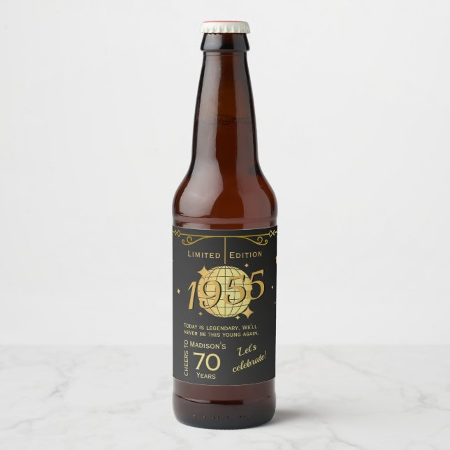 Född 1955 70-årsfest svart ölblad ölflaska etikett (Framsida)