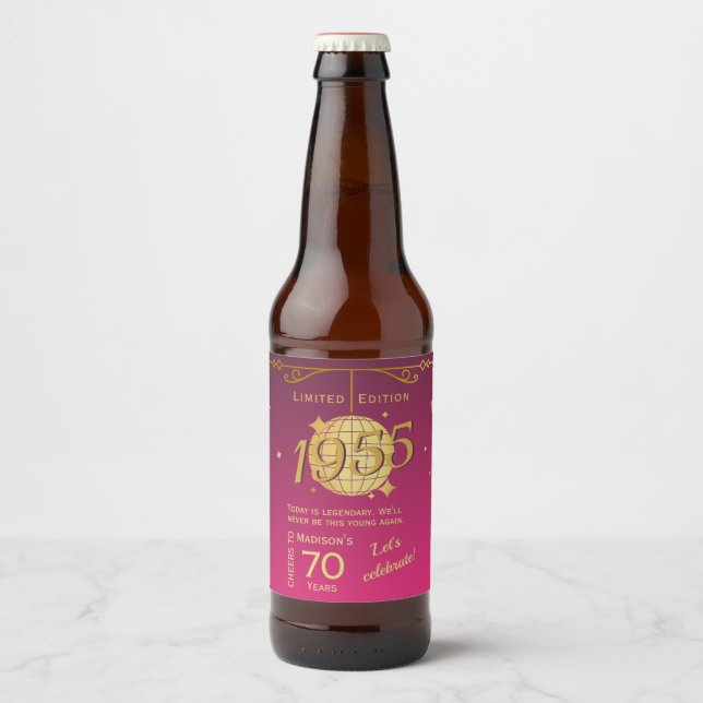 Född 1955 70:e födelsedagsfesten rosa öletikett ölflaska etikett (Framsida)