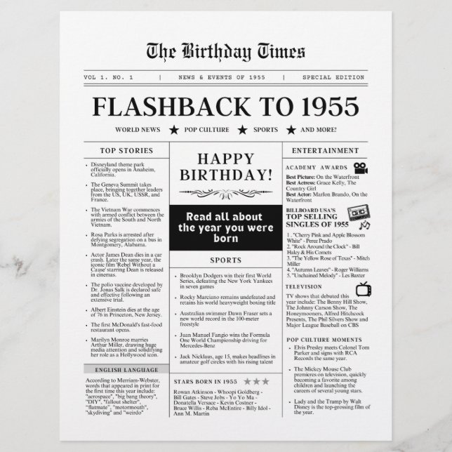 Född 1955 Mocktidning svart och vitt (Framsida)