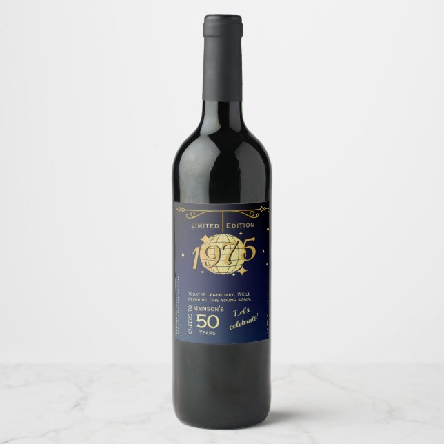 Född 1975, 50:e födelsedagsfesten blå vin-etikett vinflaska etikett (Framsida)