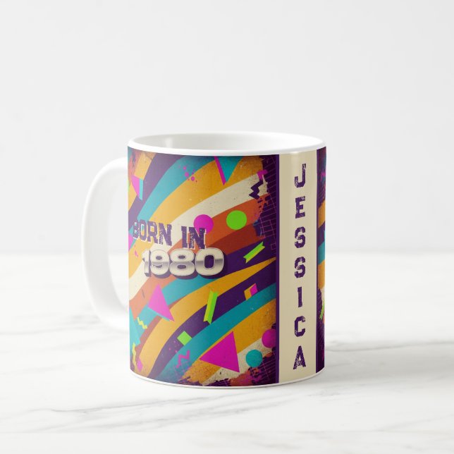 Född 1980 Personlig mugg-80-talet i Neon Geometric Kaffemugg (Framsida vänster)