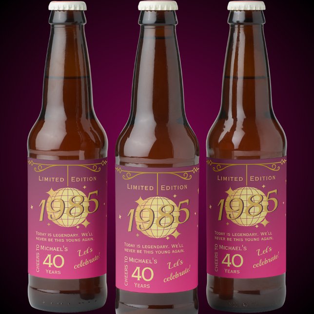 Född 1985 40-årsdagen party rosa öletikett ölflaska etikett (Skapare uppladdad)