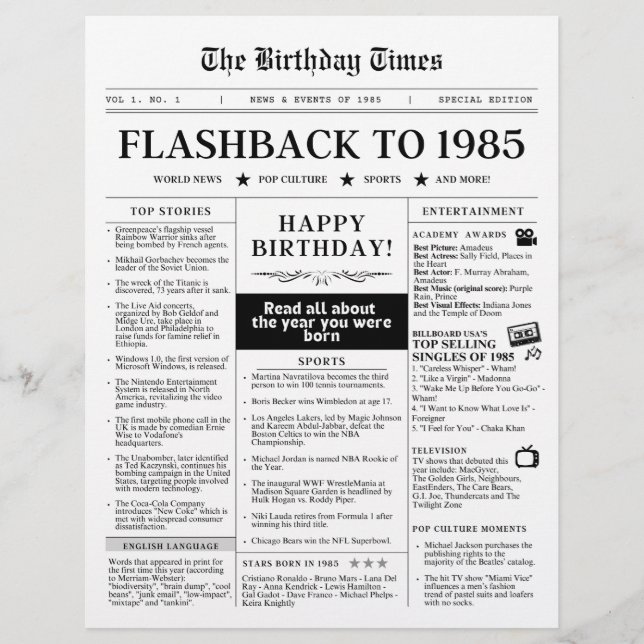 Född 1985 Mocktidning svart och vitt (Framsida)